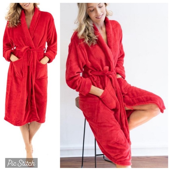 NORDSTROM red plush robe luxurious cozy wrap tie pockets long plus size 2X NEW - Picture 2 of 12
